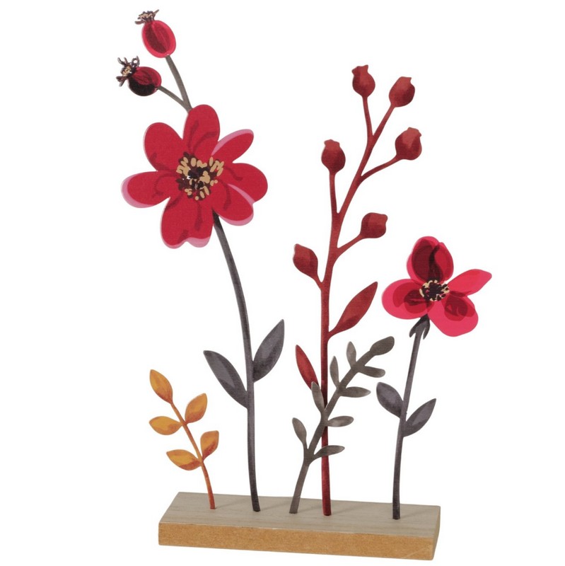Fiori di rosa canina decorativa in metallo con base in legno in 2 varianti assortite, perfetta come decoro autunnale
